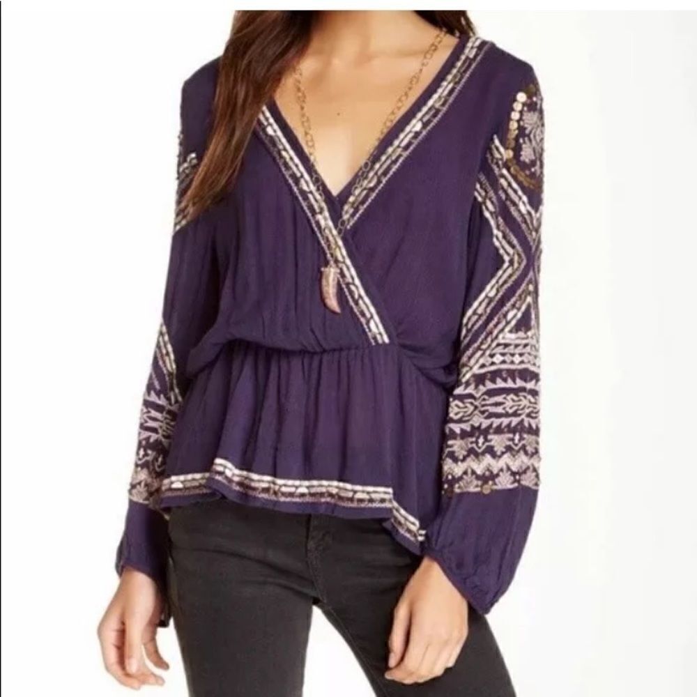 Free People Purple Boho Embroidered Sequin Top
